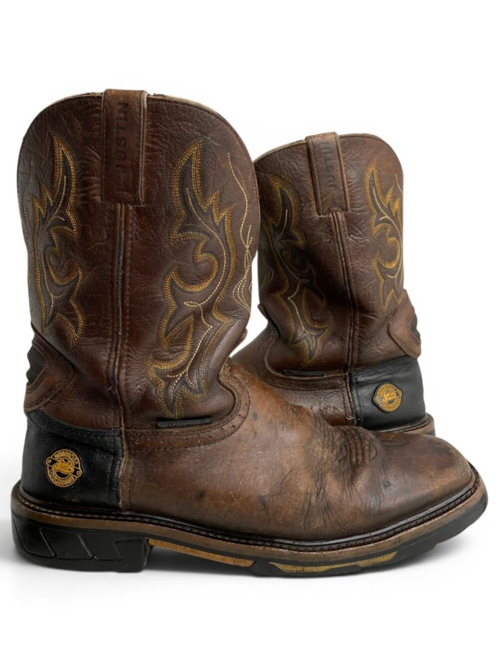 Justin Hybred Square Toe Brown Leather Western Cowboy Work Boots Men's 11 D